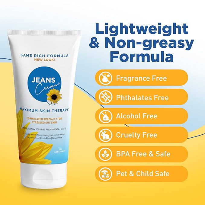 Jeans Maximum Skin Therapy Cream with Aloe & Vitamin E. Moisturizing Cream for Dry & Sensitive Skin affected by many causes such as Radiation Treatment, Sunburn, Itchiness & Redness. 2oz