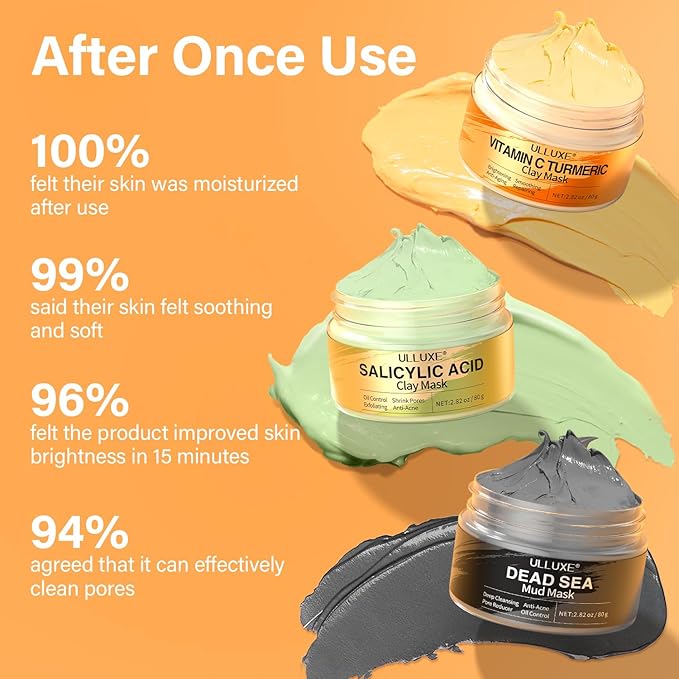 Facial Clay Mask Set - Vitamin C Turmeric Face Mask, Dead Sea Mud & Salicylic Acid (BHA) Mask for Pores Cleansing, Blackheads, Dark Spots, Brightening, Face Masks Skincare Gift for Women, 2.82 oz each