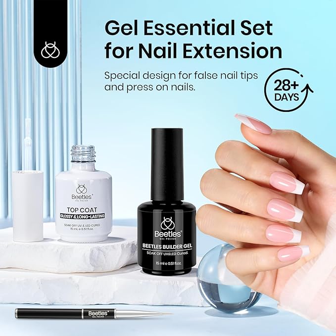Beetles Builder Gel and Extra Glossy Top Coat No Wipe for Nails with Nail Brush, 15ml Low Heat Hypoallergenic Clear 7 in 1 Builder High Shine Long Lasting Top Coat Gel Nail Polish