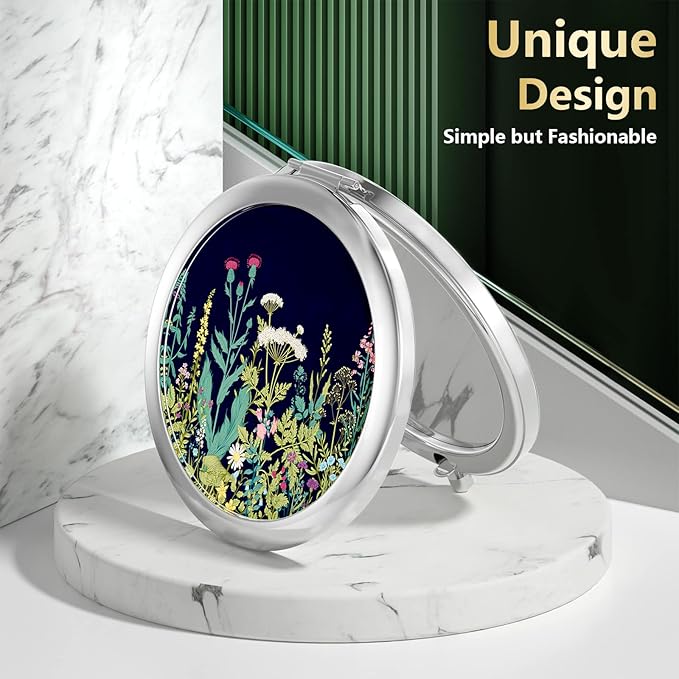 Nipichsha Compact Mirror, Pocket Travel Makeup Mirror, 2 - Sided 2X / 1X Magnification, Small Folding Portable Handheld, 2.75 in Silver, Dandelion