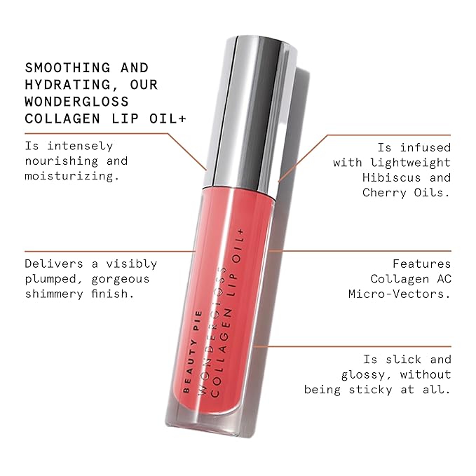 Beauty Pie Wondergloss Collagen Lip Oil + Spicy Pink 0.13 fl oz – Hydrating, Plumping, Non‑Sticky Lip Oil Gloss Hybrid with Collagen AC Micro‑Vectors & Cherry Hibiscus Oils