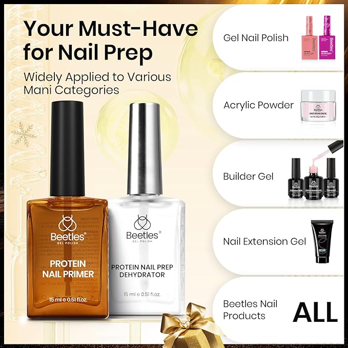 Beetles 15ml Protein Nail Prep Dehydrator and Primer Set - 2PCS Hema-Free & Acid Free Nail Bond Protein Prep Kit for Gel Nail Polish Acrylic Nail Supplies