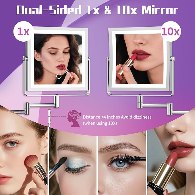 Wall Mounted Makeup Mirror with Lights 4000mAh Rechargeable Double Sided 1X/10X Magnifying Lighted Vanity Mirror with 3 Color Lights & Touch Dimmable 360° Rotation Extension Swing Arm for Bathroom