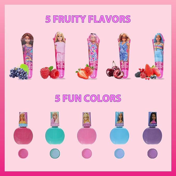 Barbie Cosmetic Makeup Set for Girls with Super Sparkly Lip Gloss Nail Polish and Nail Stickers 11 Pieces, Perfect for Parties Sleepovers Makeovers, Birthday Holiday Gift, Ages by Townley Girl