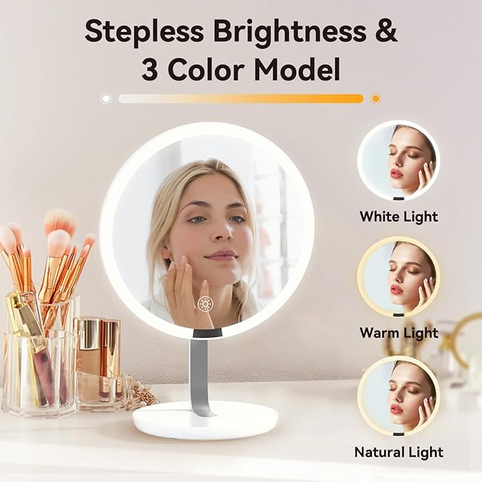 9.65-inch Lighting Makeup Mirror, 1x / 10x,Touch Control,3-Color Adjustable,Metal Stand,up and Down Adjustable Makeup Mirror, High Color Rendering, Eye-Protecting Light Source,Silver