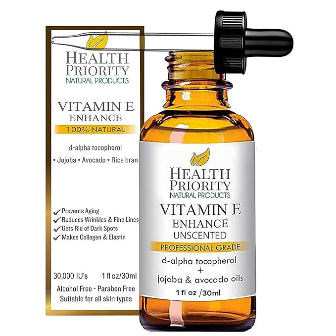 Health Priority Naturals|Organic Vitamin E Oil for Skin - Jojoba, Avocado Oil - Unscented, Handcrafted for Face/Hair, Non-GMO, No Gluten, 30000 IU, 1 Fl oz