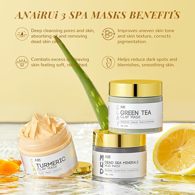 ANAI RUI Christmas Face Mask Gift Set, Turmeric Clay Mask - Green Tea Mask - Dead Sea Minerals Mud Mask, Bulk Christmas Gifts for Women/Tees Girls Stocking Stuffers2.5 oz each