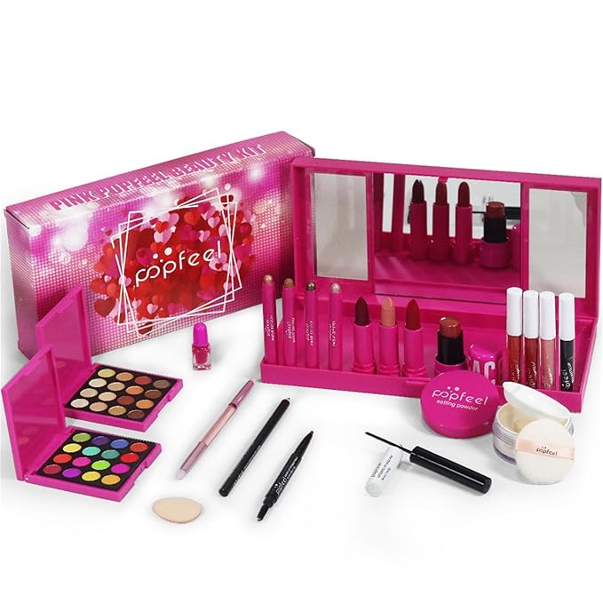 All in One Makeup Kit for Women Full Kit, Christmas Day Gifts Set for Women Girls, Hot Pink Makeup Essential Bundle Include Eyeshadow Palette Lipstick Blush Foundation Concealer Mascara Eyebrow Pencil