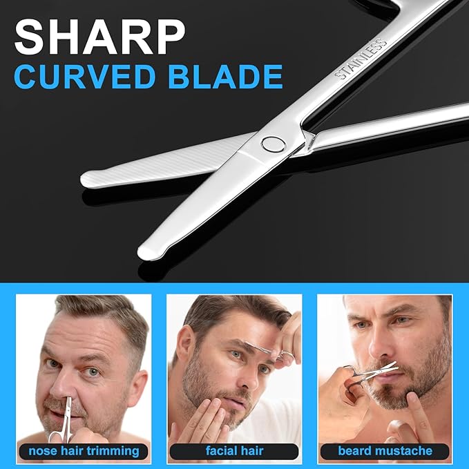 Men's and Women's Facial Hair Small Scissors, Eyebrow, Nose, Beard, Whisker, Eyelash, Ear Hair Trimming Set, Curved and Rounded Safety Tip Scissors for Haircutting 2pcs