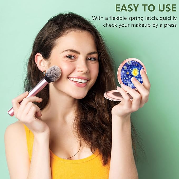 Nipichsha Compact Mirror, Pocket Travel Makeup Mirror, 2 - Sided 2X / 1X Magnification, Small Folding Portable Handheld, 2.75 in Rose Gold, Starry Night