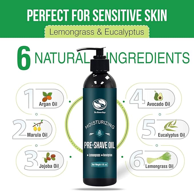 The Henna Guys 8 fl. Oz, Lemongrass & Eucalyptus Pre Shave Oil for Men, Premium Pre Shave Oil, Excellent Shaving oil for Men, Prepares for a burns free Shave, Works with Straight or Safety Razor