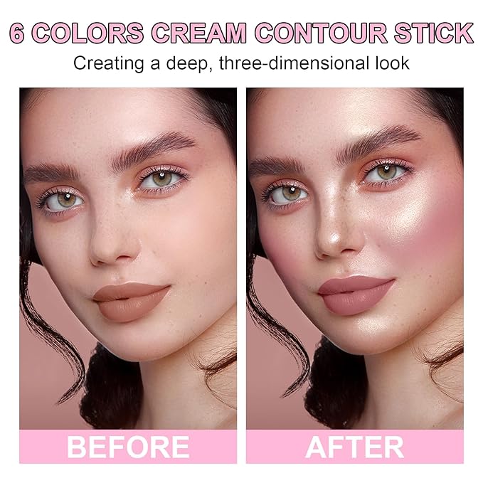 6 Colors Cream Contour Stick Makeup Kit, Shades with Highlighter Stick, Blush Stick and Double-End Bronzer Stick for Sculpt the Cheeks, Waterproof,Dewy & Matte Finish for Beginners