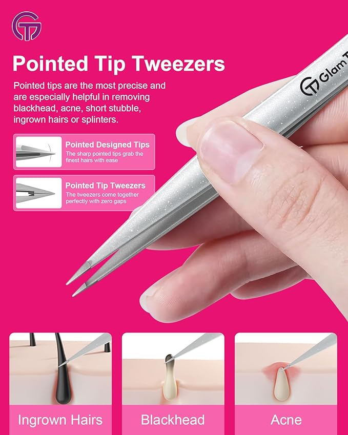Expert Slant and Point Tip Tweezer Set with Exclusive Storage & Carrying Case, GlamTweeler Sharp & Precision Tweezer Set for Eyebrows, Facial Hairs and Fine Hairs Removal (Sparkle Violet + Silver)