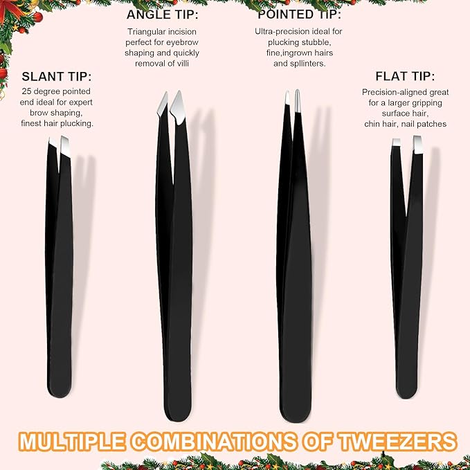 Yougai Tweezers Set, 9 Pcs Professional Stainless Steel Tweezers Kit for Women Facial Hair, Precision Eyebrow Tweezer Kit with Curved Scissors and Eyebrow Razor for Ingrown Hair Removal