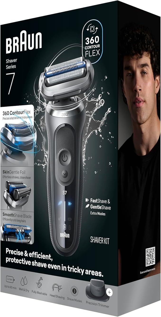 Braun Electric Shaver for Men, Series 7 7120s, Wet & Dry Shave, Turbo & Gentle Shaving Modes, Waterproof Foil Shaver, with Precision Trimmer, Space Grey