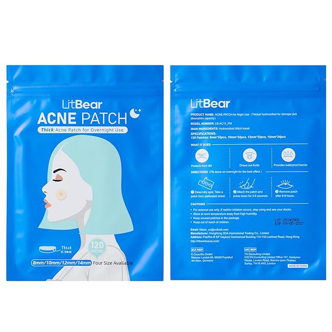 LitBear Acne Pimple Patches- Day and Night 4 Sizes 180 Dots Thin & Thick Hydrocolloid Patches with Witch Hazel, Tea Tree & Calendula Oil, Pimple Stickers for Covering Zits, Blemishes, Spots, Acne Dots