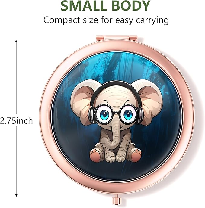 Nipichsha Compact Mirror, Pocket Travel Makeup Mirror, 2 - Sided 2X / 1X Magnification, Small Folding Portable Handheld, 2.75 in Rose Gold, Pretty Elephant