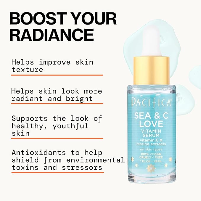 Pacifica Beauty Sea and C Love Vitamin C Serum, Skincare, Hyaluronic Acid, Green Tea, Marine Extracts, Blue Light Protection, Brightening, Lightweight, Face Care, Skin Care Serum, 1 fl oz (1 Count)