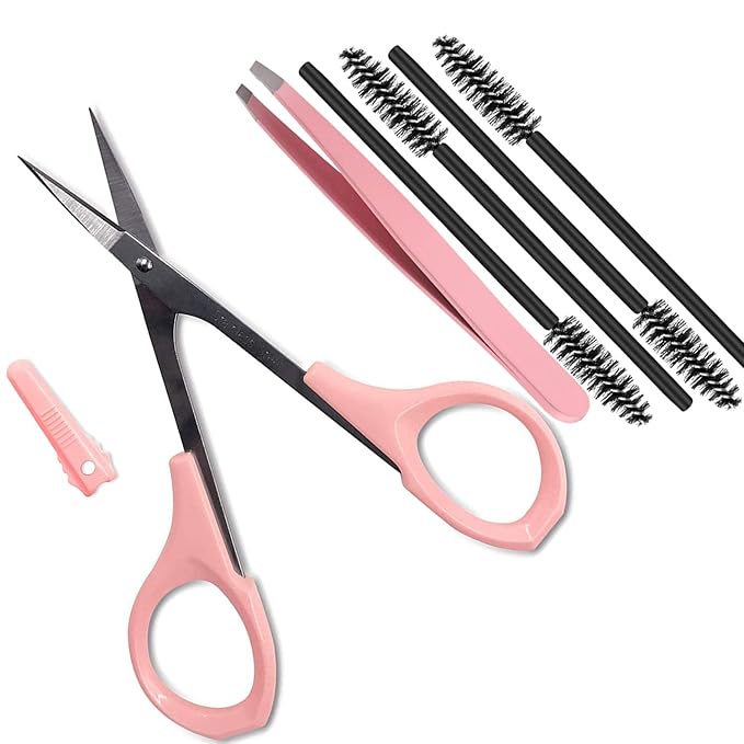 4" Curved Craft Scissors Stainless Steel Unisex Eyebrow Kit Eyebrow Scissors, Slant Tweezers And Eyebrow Brush for Eyebrow Eyelash Extensions Pink Set