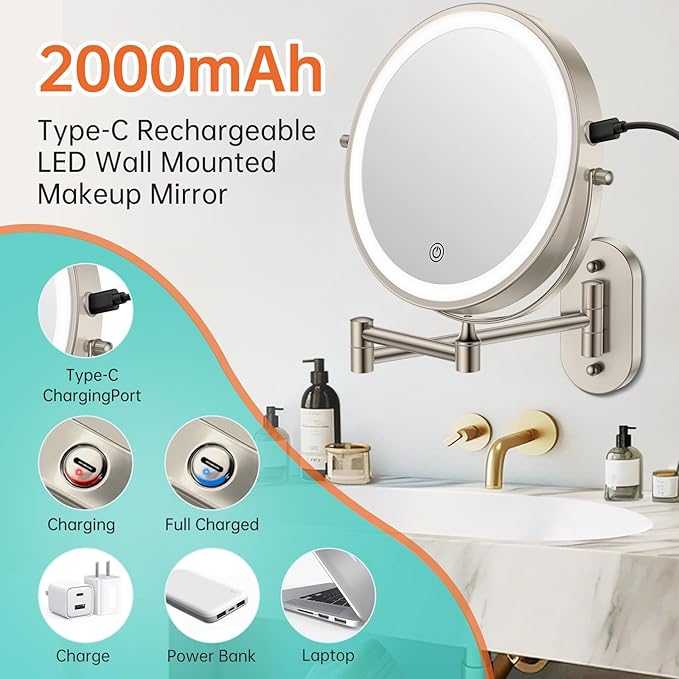 Rechargeable Wall Mounted Lighted Makeup Vanity Mirror 8 Inch Double Sided 1X 10X Magnifying Bathroom Mirror, 3 Color Lighting, Touch Screen Dimming, Extended Arm 360 Rotation Shaving Light up Mirror