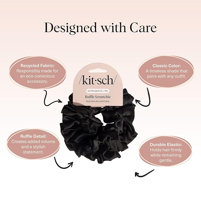 Kitsch Recycled Satin Ruffle Scrunchie – Gentle Hair Scrunchie for Women, Eco-Friendly Hair Tie No Damage, Stylish Ponytail Holder | Ideal Gifts for Women - Black