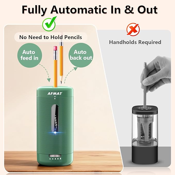 AFMAT Electric Pencil Sharpener, Fully Automatic Pencil Sharpener, Auto in & Out, Rechargeable Hands-Free Sharpeners for Jumbo & Colored Pencils (6.5-12mm), Portable for Home/Classroom/Office PSC2