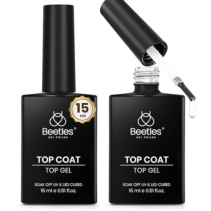 Beetles Gel Top Coat, 2Pcs 15ml Top Coat Gel Nail Polish No Wipe Clear High Gloss Shiny Long-Lasting Soak Off Nail Lamp, Home DIY Manicure and Nail Salon Gifts for Women
