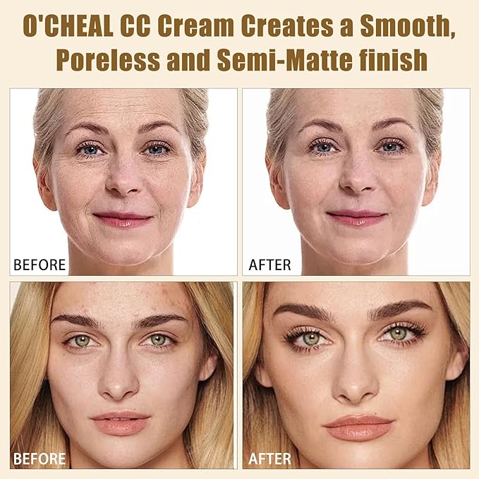 O'CHEAL CC Cream with SPF 50+, Hydrating Color Correcting Cream Full Coverage Lightweight Powder Foundation, Waterproof Long Lasting Pre-makeup Primer Facial Concealer Refine Skin Texture (Natural)