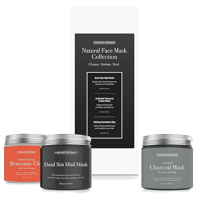 Pure Body Naturals Face Mask Gift Set - includes Natural Mud Mask, Clay Mask and Charcoal Face Mask - Facial Self Care Gift for Women, Mother, Wife (3 Jars, 8.8 oz. Each)