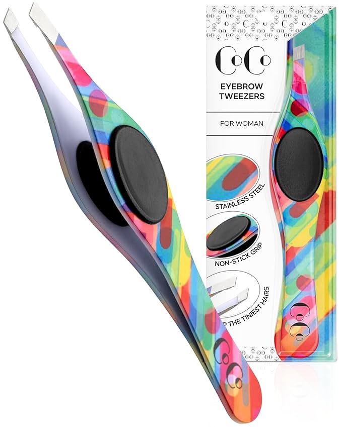Professional Tweezers for Facial Hair Removal for Women, Sharp Tweezers for Men, Slant Point Tip Plucks and Shapes with Precision, Use for Eyebrows, Splinter, First-aid, Ingrown Hair Removal, Rainbow