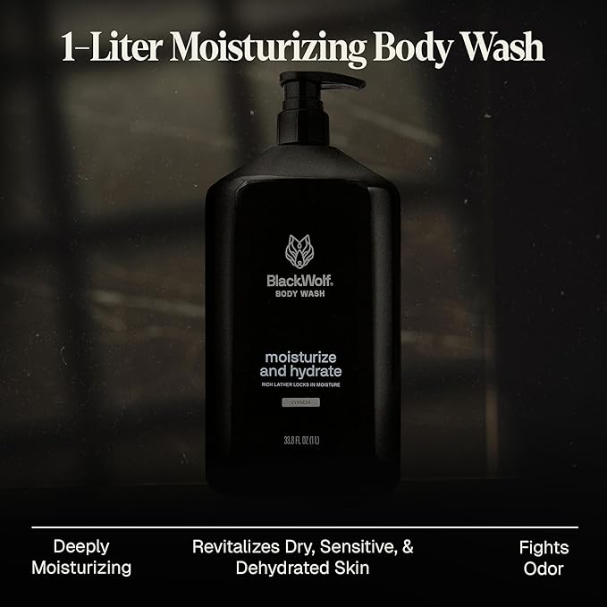 Black Wolf Moisturizing Body Wash for Men, Sandalwood - Mens Bodywash for Dry, Dehydrated & Sensitive Skin - Shower Gel Body Cleanser with Aloe Vera & Jojoba Oil to Remove Oil & Dirt
