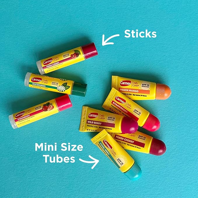 Carmex Daily Care and Daily Care Minis Moisturizing Lip Balm Pack, SPF 15, Multi-Flavor Lip Care Variety Pack Bag, 8 Count (3 Sticks, 5 Mini Tubes)