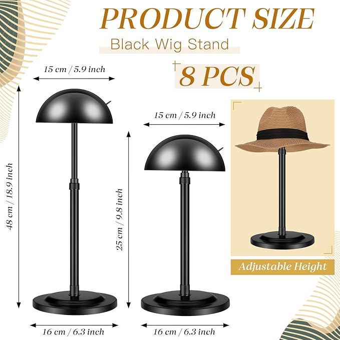 Tatuo 8 Pcs Wig Stand, 9.8"-18.9" Adjustable Height Wig Head Holder Portable Hat Display Stand Travel Storage Holder for Multiple Styling Practice DIY Non Slip Stable(Black)