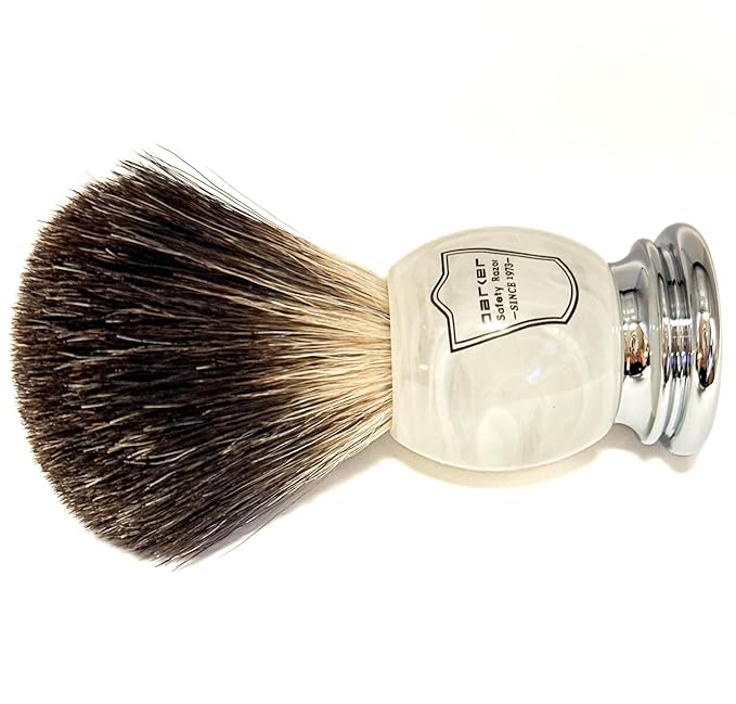 Parker 100% Black Badger Bristle Shaving Brush with Ivory Marbled Handle - Brush Stand Included