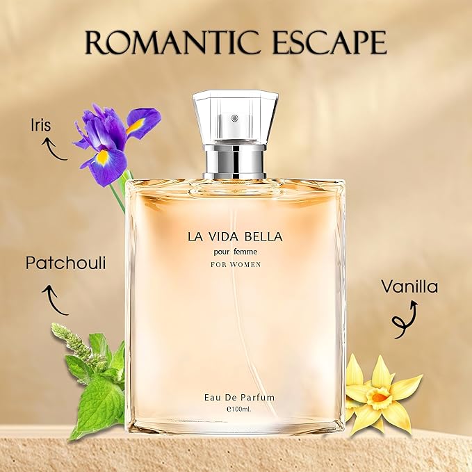 La Vida Bella Eau de Parfum Spray Perfume, Fragrance For Women-Daywear, Casual Daily Cologne Set with Suede Pouch- 3.4 Fl Oz Bottle Beauty Gift for Birthday, Anniversary