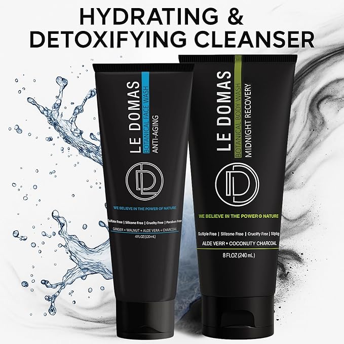 Body Wash & Face Wash Set for Men & Women – Natural Skincare with Aloe Vera, Rice & Coconut Charcoal, Hydrating Moisturizer & Oil Cleanser, Travel Size Skin Care Products for All Skin Types