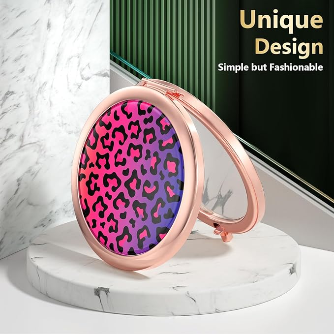 Nipichsha Compact Mirror, Pocket Travel Makeup Mirror, 2 - Sided 2X / 1X Magnification, Small Folding Portable Handheld, 2.75 in Rose Gold, Colorful Leopard Print