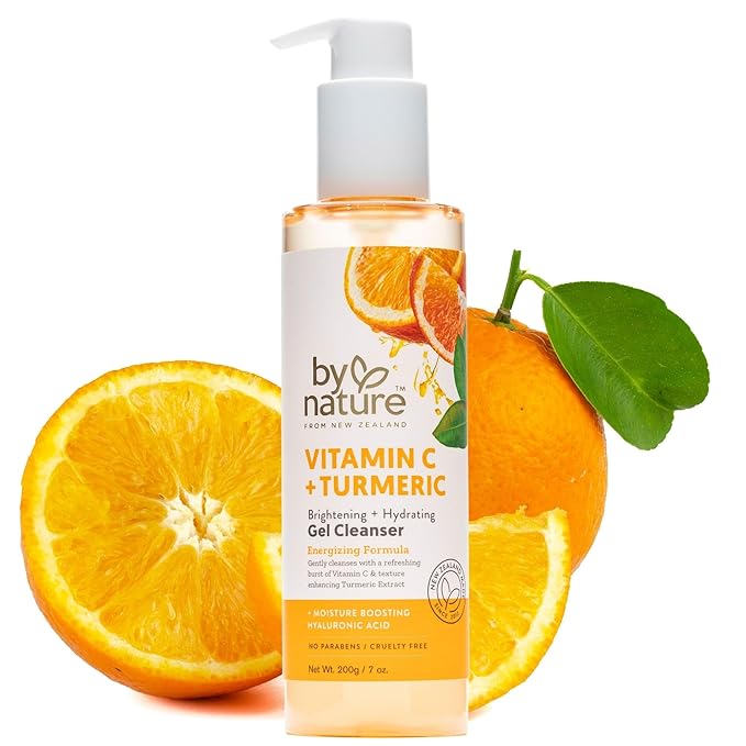 By Nature Vitamin C + Turmeric Gel Cleanser with Hyaluronic Acid – Brightening + Hydrating Face Wash & Makeup Remover for Oily and Acne-Prone Skin, Natural Daily Facial Wash (7oz)