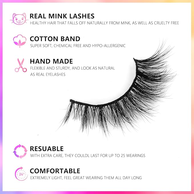 15mm False Eyelashes, 3D Real Mink Lashes, 3 Pairs Cat-Eye Lashes, Fluffy Wispy Mink Eyelashes, 5D Natural Look Luxury Volume Fake Lashes, Soft Reusable Strip Lashes (Siren)