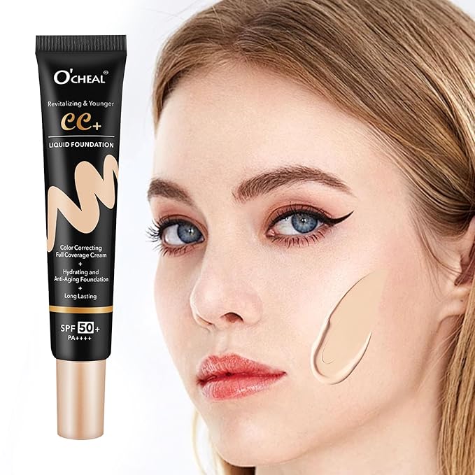 O'CHEAL CC Cream with SPF 50+, Hydrating Color Correcting Cream Full Coverage Lightweight Powder Foundation, Waterproof Long Lasting Pre-makeup Primer Facial Concealer Refine Skin Texture (Ivory)
