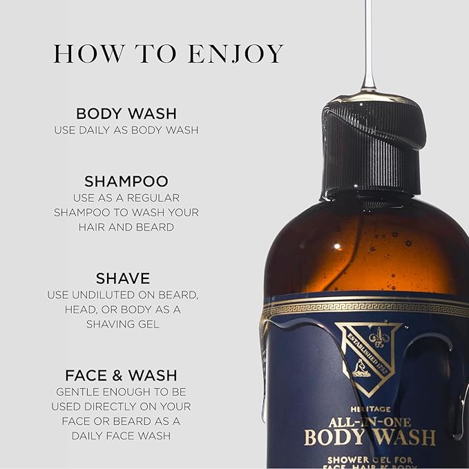Caswell-Massey Heritage All-in-1 Body Wash, Use as a Face Wash, Beard Wash, Shampoo, Body Wash & Shave Gel, Signature Heritage Soap for Men, 12 Fl Oz Made in USA