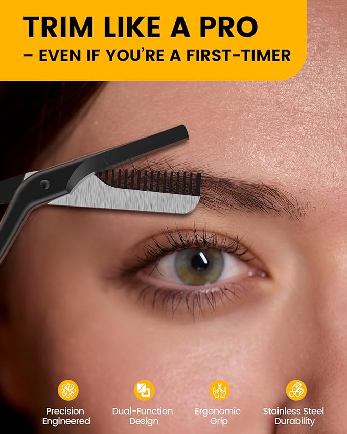 BEZOX Eyebrow Scissors with Comb - Stainless Steel Eyebrow Trimmer for Women and Men, Precision Eye Brow Comb Scissors, Sleek Eyebrows Shaping Grooming Kit - Black