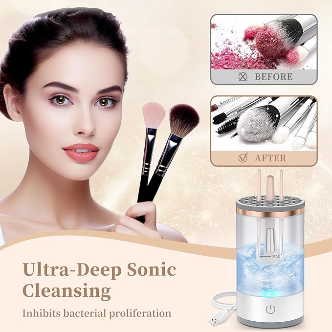 Electric Makeup Brush Cleaner, Quick Efficient Machine for Deep Cleaning All Types of Brushes, Portable Compact Design for Travel Home Use, for Makeup Lovers & Professionals - White