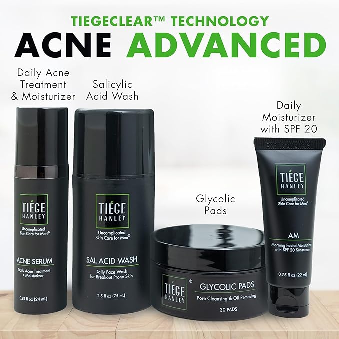 Tiege Hanley Acne Treatment Skin Care Set for Men, System Level 2, Tiegeclear Advanced Routine With Salicylic Acid Wash, Glycolic Acid Pads, Serum & Daily Moisturizer, Men’s Skin Care, 4 Piece Kit