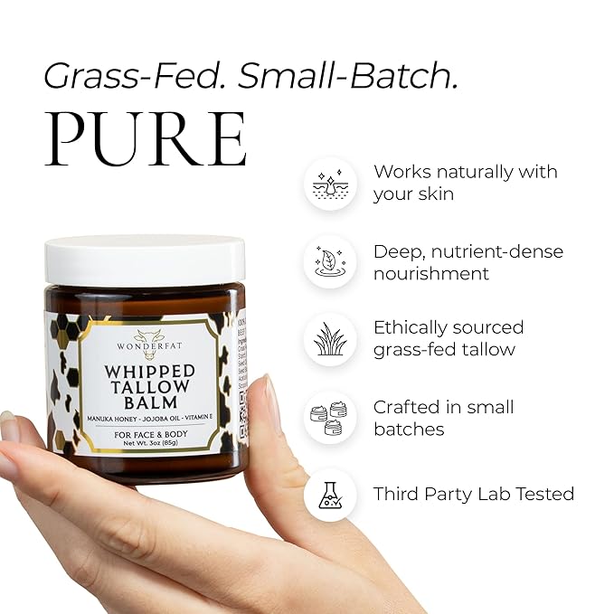 Grass-Fed Whipped Tallow Balm – Face & Body Moisturizer with Manuka Honey – Lightweight, Fast-Absorbing Hydration for Dry, Sensitive Skin – Unscented, Clean Formula – 3 oz