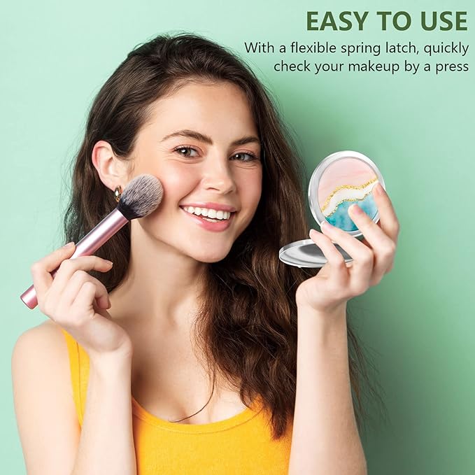 Nipichsha Compact Mirror, Pocket Travel Makeup Mirror, 2 - Sided 2X / 1X Magnification, Small Folding Portable Handheld, 2.75 in Silver, Pink Gilt