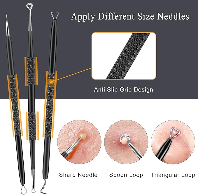 Pimple Popper Tool Kit - 6 Pcs Blackhead Remover Comedone Extractor Tool Kit with Metal Case for Quick and Easy Removal of Pimples, Blackheads, Zit Removing, Forehead, Facial and Nose(Black)