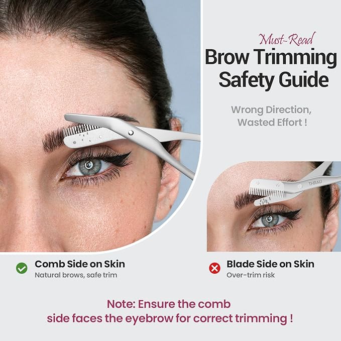 THRAU Eyebrow Scissors with Comb, Stainless Steel Precision Eyebrow Trimmer for Women, Safety Guard for Beginners, Sharp Blades, 2-in-1 Mini Scissors and Grooming Kit for Home or Travel