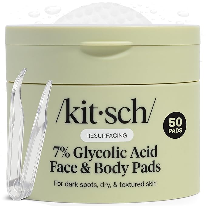 Kitsch Gentle Exfoliating Glycolic Acid Pads for Skin Care with Witch Hazel, Cica & Allantoin – Pre-Soaked Cotton Pads for Face & Body with Tweezers for Smooth, Radiant Skin – 50 count