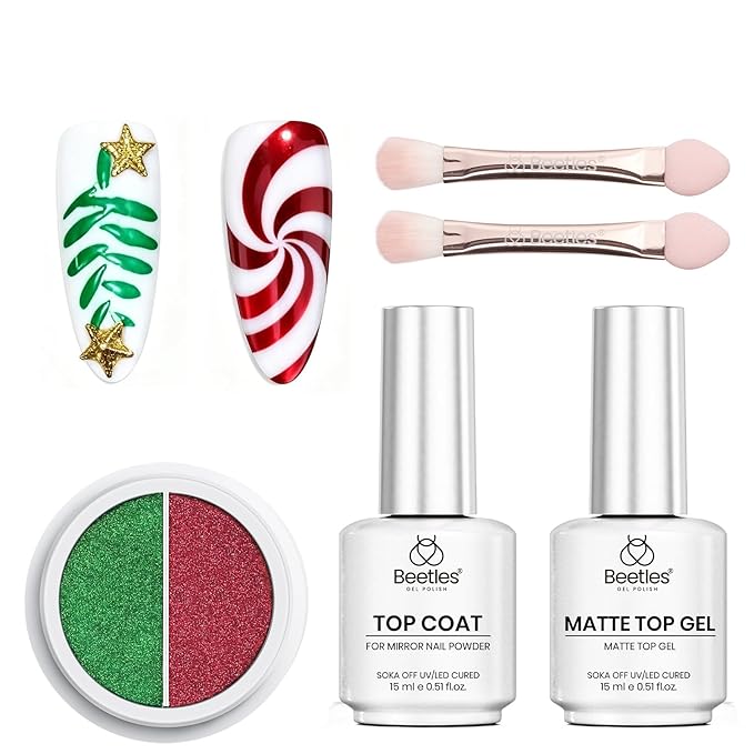 Beetles Christmas Gel Top Coat for Chrome Nail Powder, 15ml Chrome Top Coat,15ml Matte Top Coat with Red Green Mirror Chrome Powder Shiny Gloss No Wipe Long Lasting Soak Off Nail Lamp for Nails Art